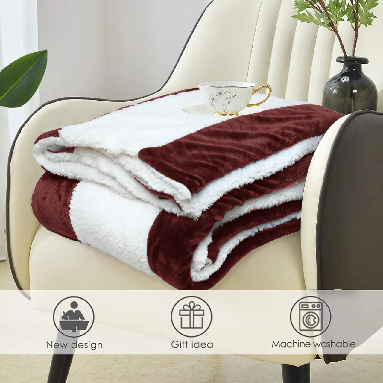 Ultra Soft Striped Fleece & Sherpa Blankets in Deep Red Luxury All-Season New Design Customizable Throws King Queen Double Sizes