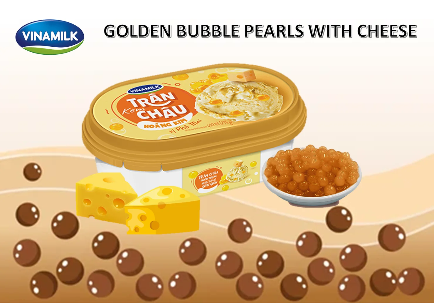Vinamilk Brand - NEW GOLDEN Bubble with Cheese Ice CREAM - Packing 400ml X 4 Boxes Per Carton HACCP Halal BRC ISO 21.2 % Brix