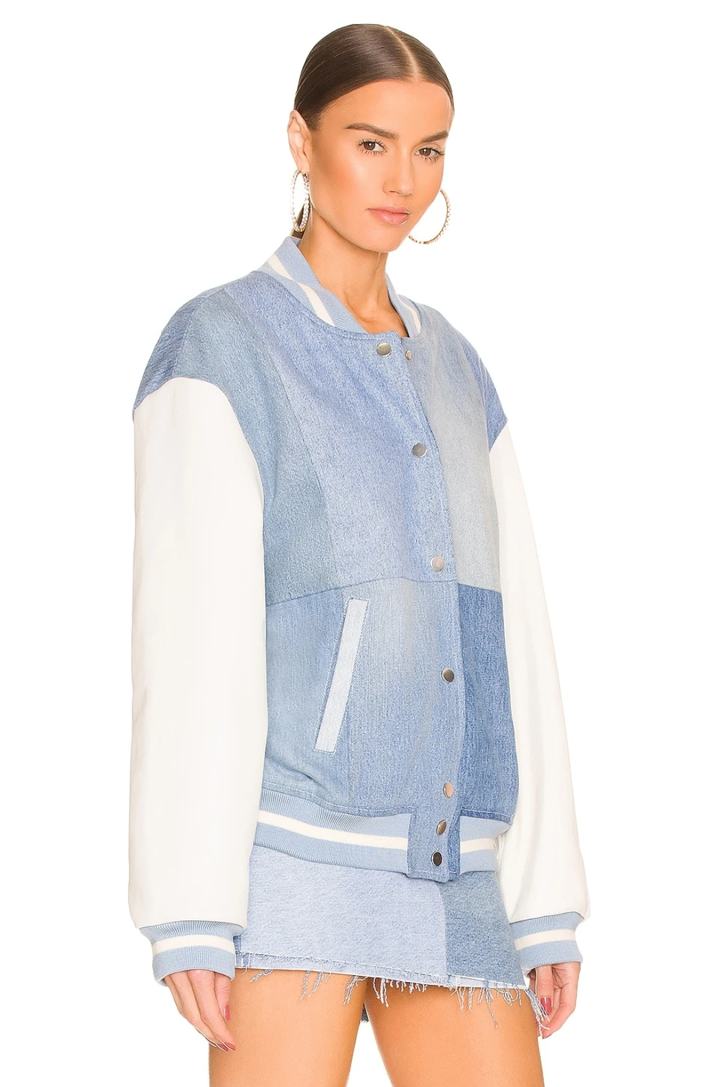 E B Denim Light Blue & Ivory Front Snap Button Closure Side Slant Pockets Leather Sleeves Patched Versity College Sports Jacket