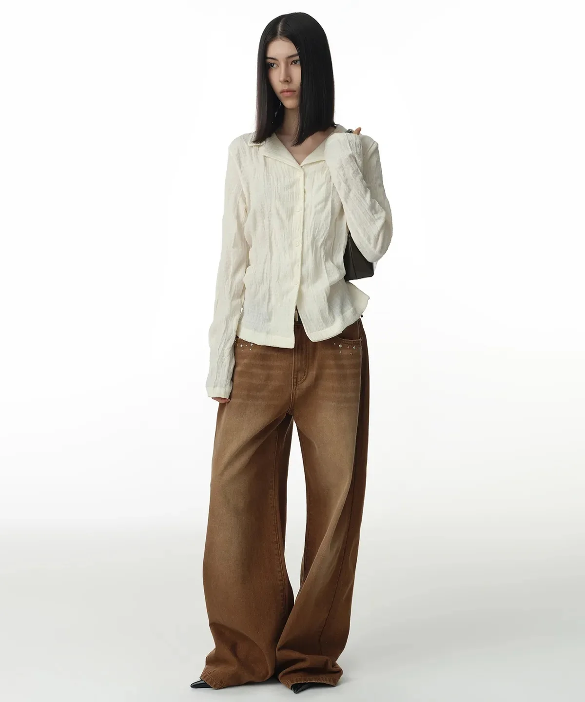 MILLO WOMEN Stud Wide Jeans [Brown] S M Korean fashion Trending products 2024 new arrivals wholesale clothes