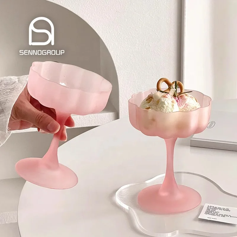 Creative Frosted Pink Flower Goblet Elegant Cocktail Glass Ice cream Milkshake Fruit Bowl Dessert Cup set