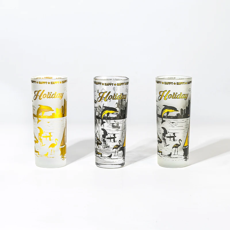 Custom Souvenir Original  2oz 60ml Shot Glass Thick Base Straight Black Gold Sea World Print  Shot Glasses