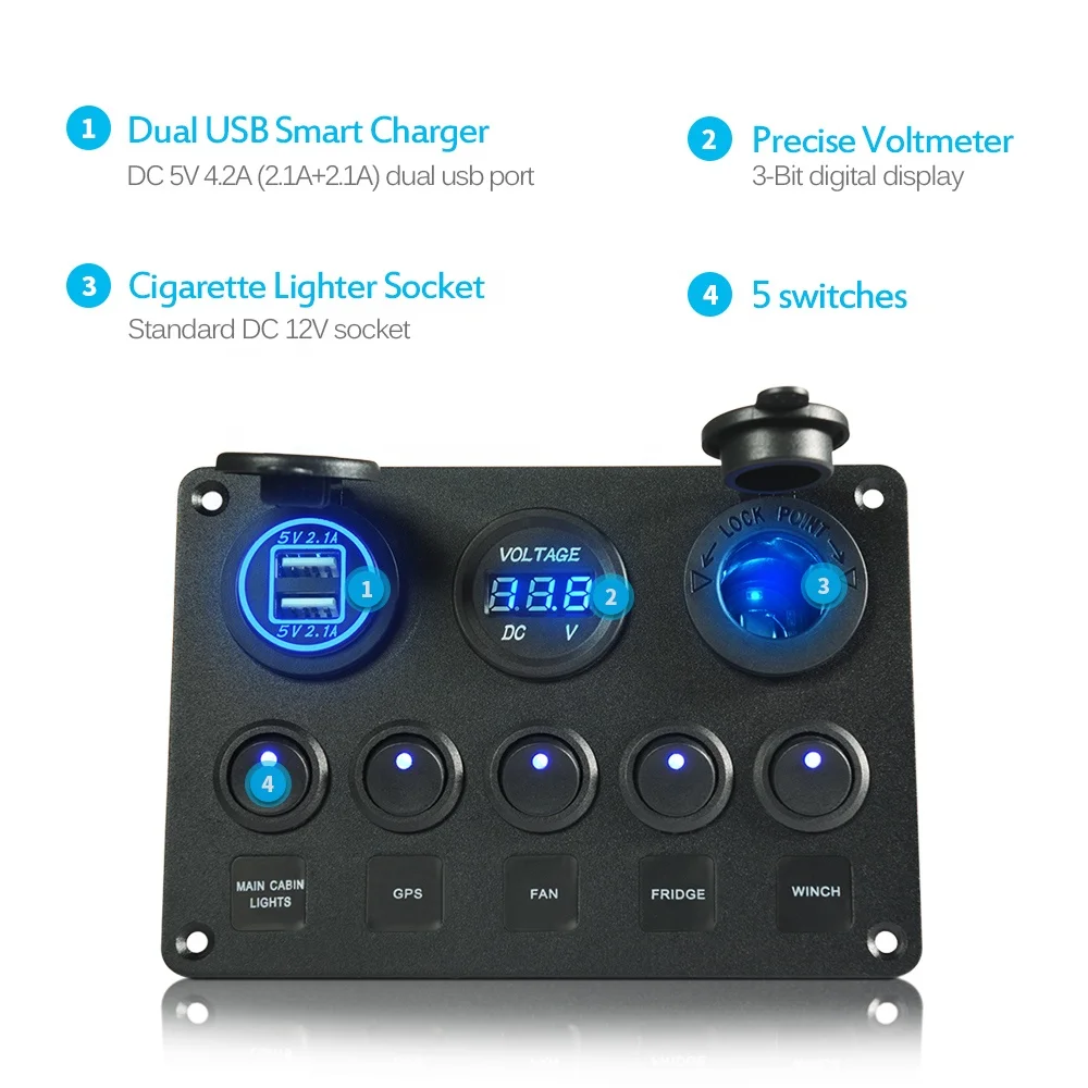 MICTUNING Auto12V-24V 5Gang Dual USB Charger Digital Voltmeter Cigarette Marin Rocker Toggle Switch Panel