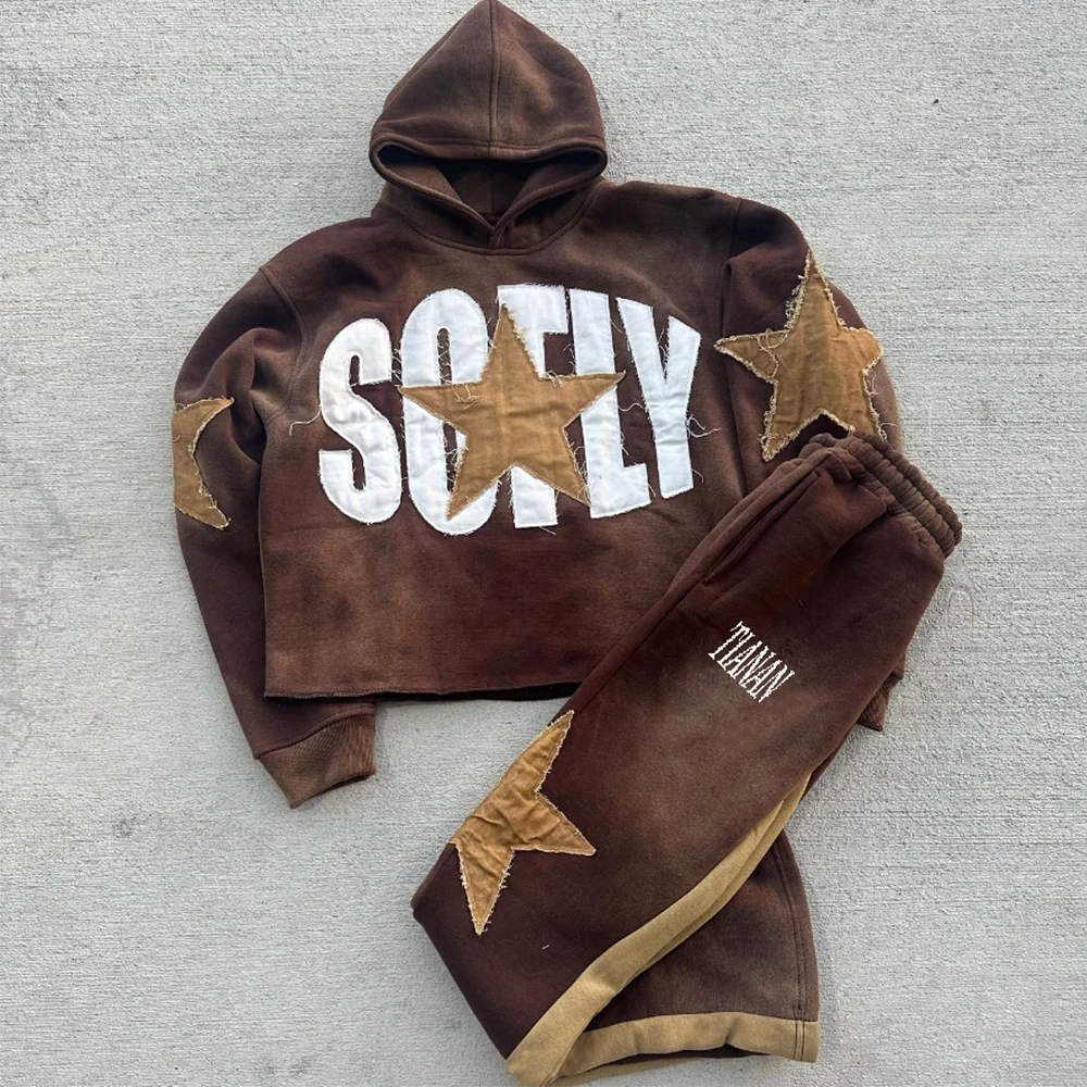 Manufacturers Wholesale Custom MensTracksuit Plus Size Applique Embroidery Pullover Hoodie And Sweatpants Sets For Men