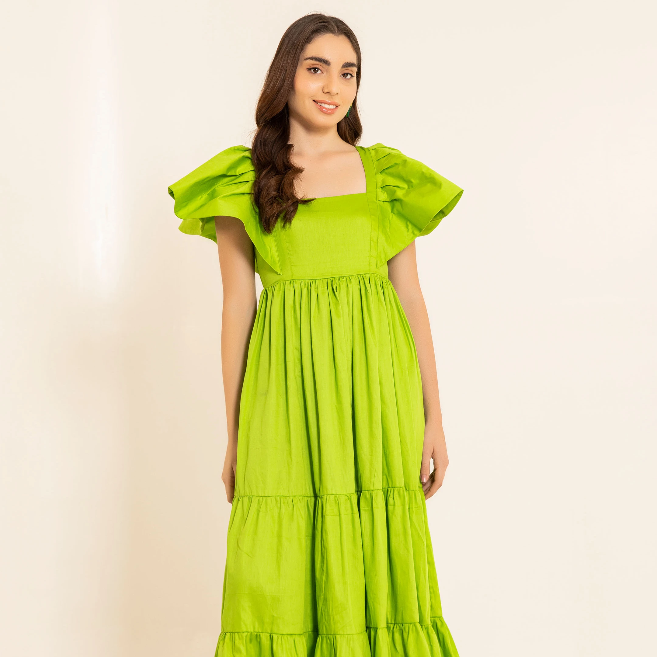 Custom Lime Zest Green Batman Sleeves Maxi Dress Best Quality High Finishing Product Women & Girls One Piece Dress At Low Price