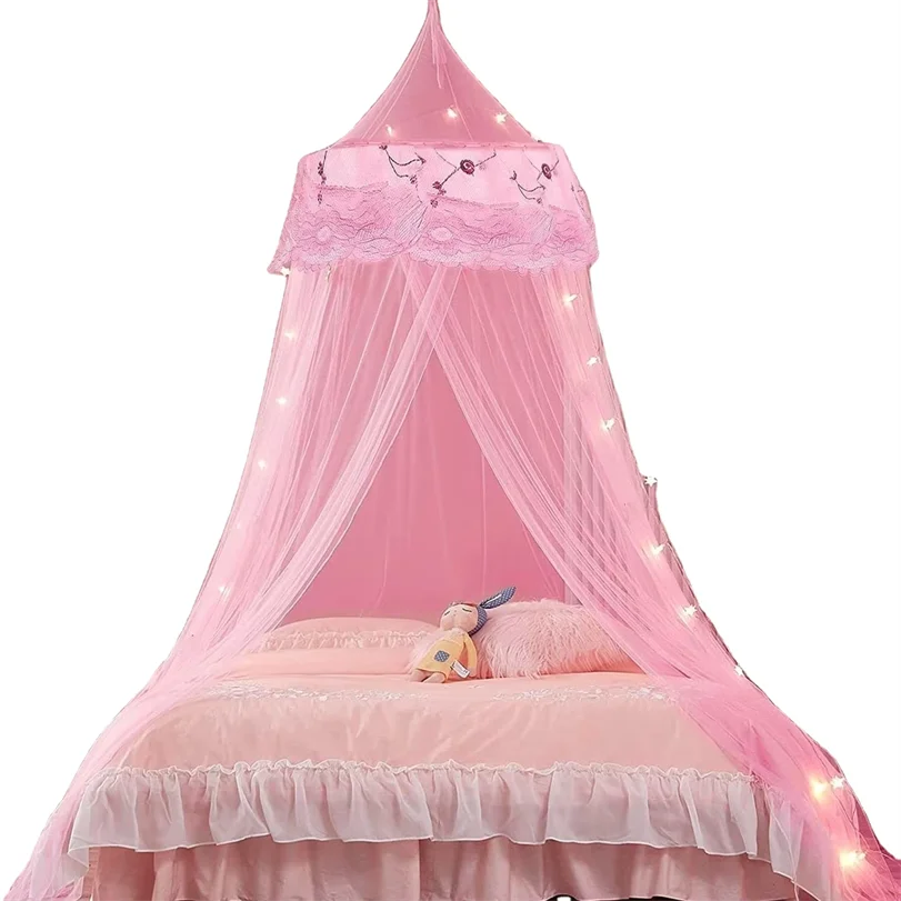 Princess Pink Mosquito Mesh Net for Bed Large Dome Hanging Bed Canopy for Girls with Round Lace for Punch-free Installation