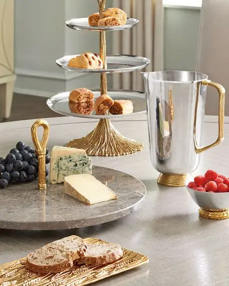 Modern Antique Polished Stainless Steel Two-Bowl Set with Brass Orchid Stem for Kitchenware or Dinnerware Tableware Use