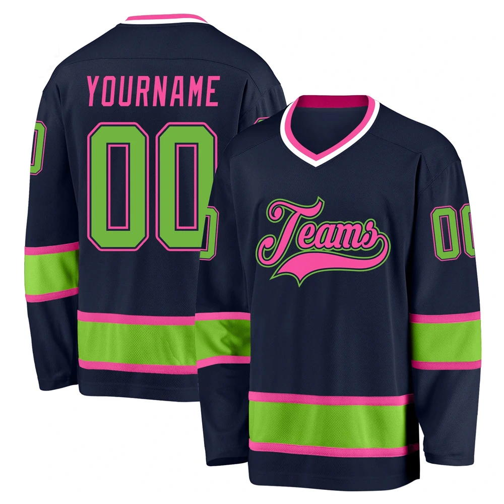 OEM Manufacture Solid Color Navy Neon Green-Pink Best Quality New Style Fully Customized Sublimation Print Ice Hockey Jersey Men