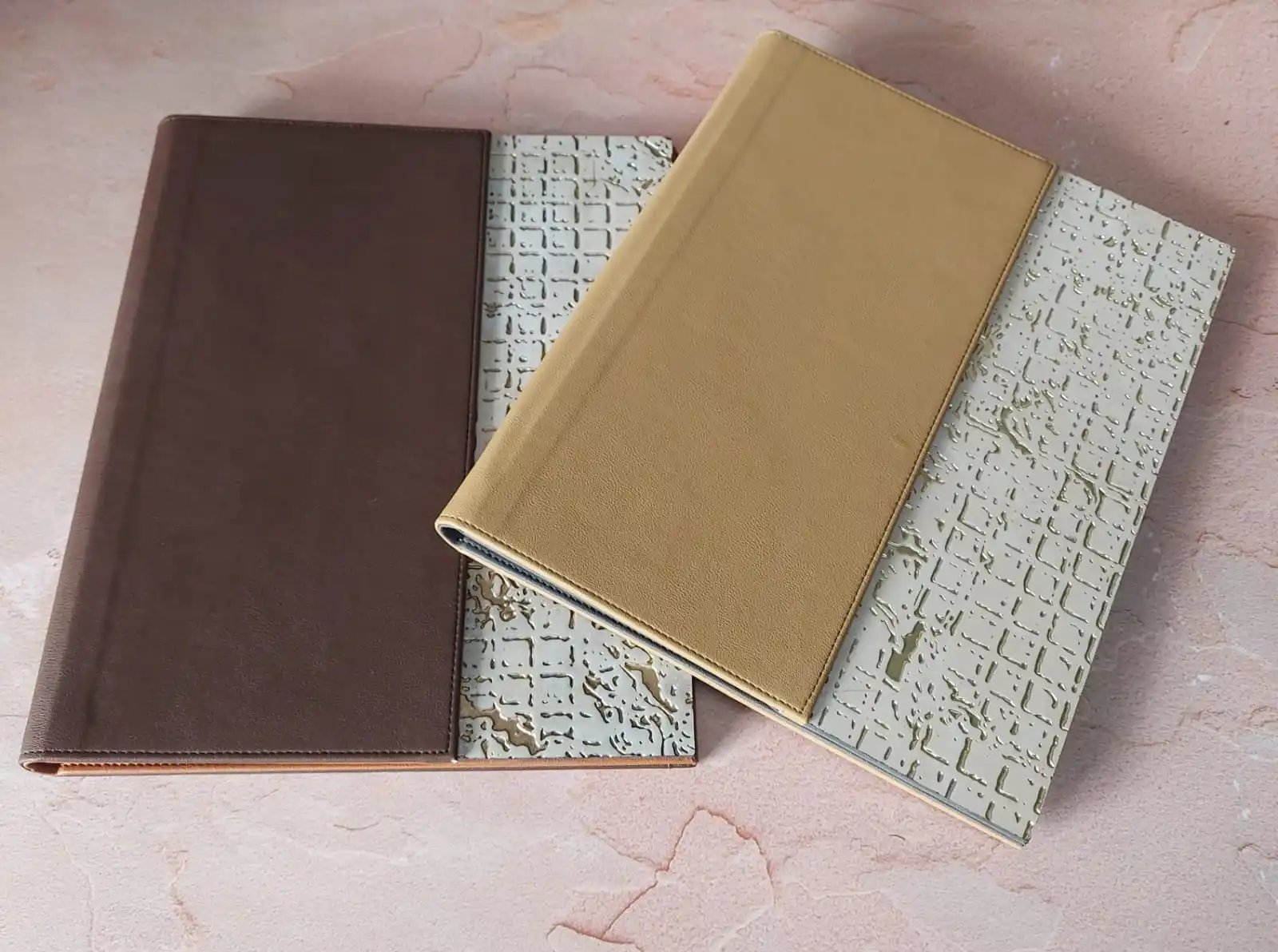 Wholesale Custom A4 Modern Vegan Leather Dessert Menu Folders Grey with Wood Panel PU Material for Hotels and Restaurants