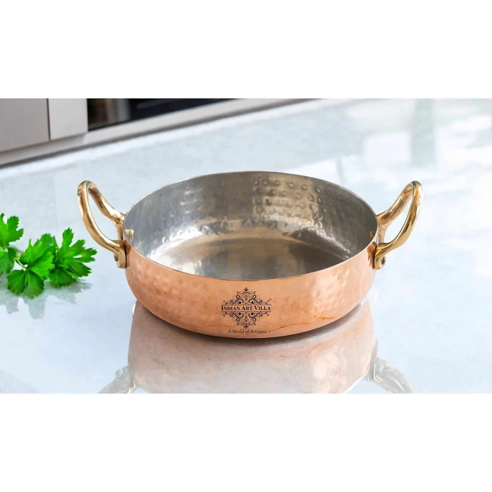IndianArtVilla Copper Round Dish Double Brass Handle Pan With Tin Lining, 4.4 Inch for Cooking and Serving