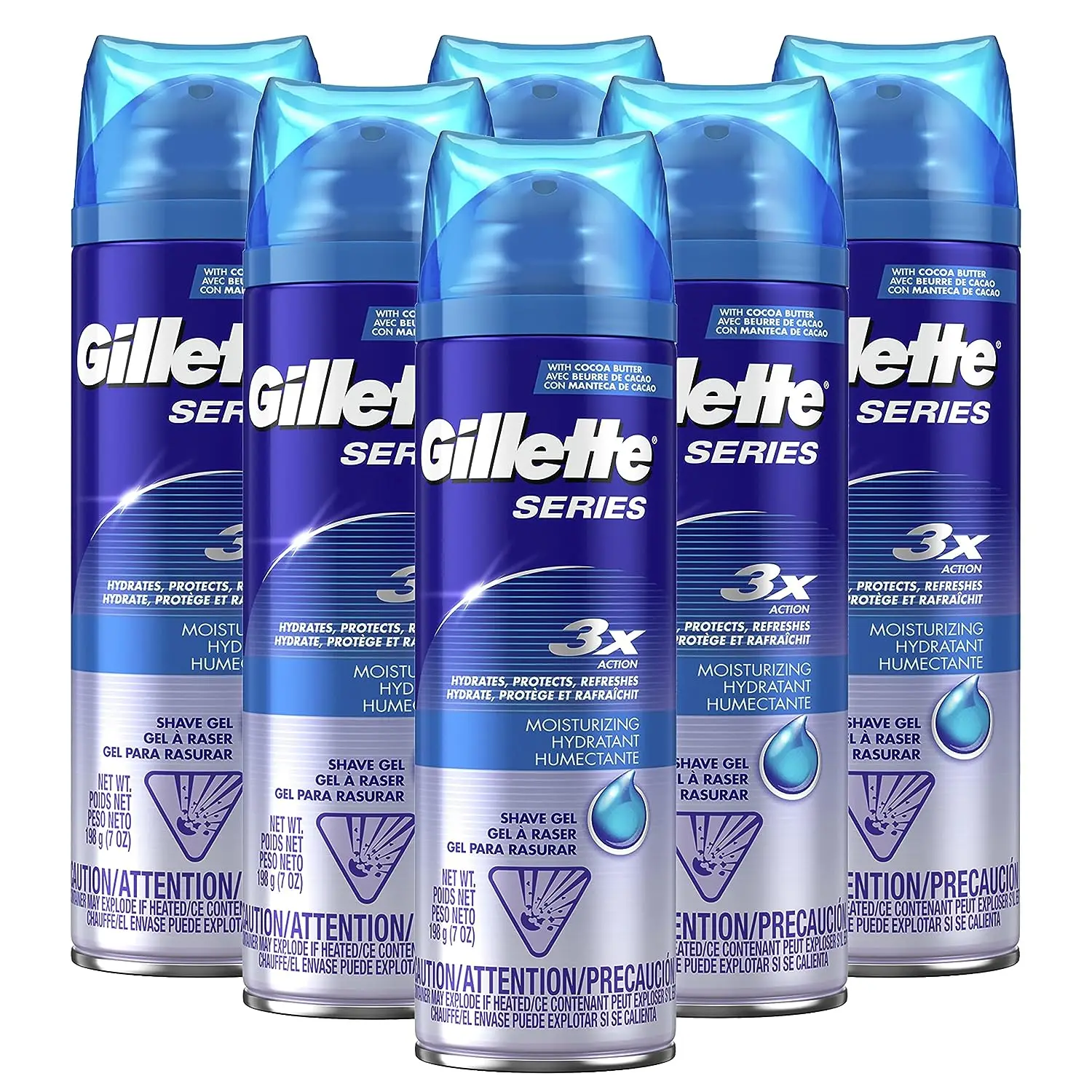 Gillette Series 3X Moisturizing Shave Gel, 6 Count, 7oz Each, Lubrication to Protect Against Irritation, Blue-White, 7oz