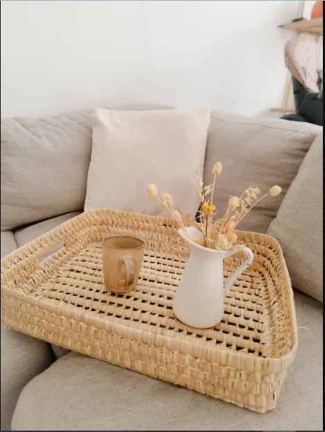 Large Flat Bamboo and Straw Tray with Genuine Leather and Cotton Lining Stylish Lady Hamper for Home or Office