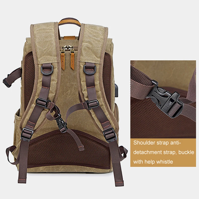 Photography Retro Waterproof Batik Canvas backpack w USB Port fit 15.6inch Laptop Men Camera Bag Carry Case for Canon Nikon DSLR