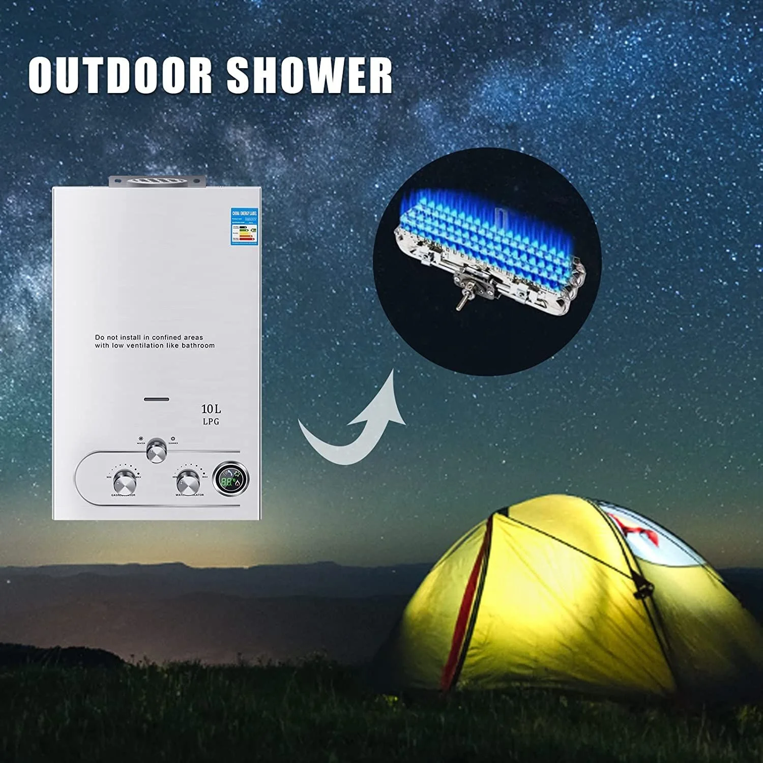 10L 2.64 GPM Instant Tankless Liquid Propane Gas LPG Hot Portable Gas Water Heater With Shower Kit