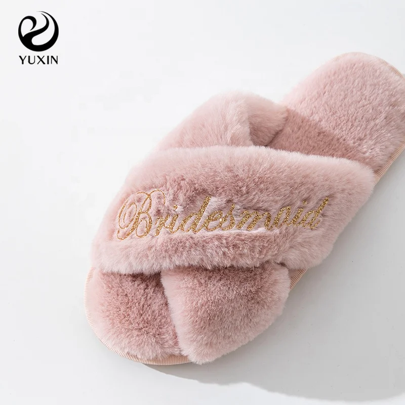 Fluffy Bride Slippers Fall Cross Fluffy Slipper Bridesmaid Gift Slipper for Women Bachelorette Party Gift