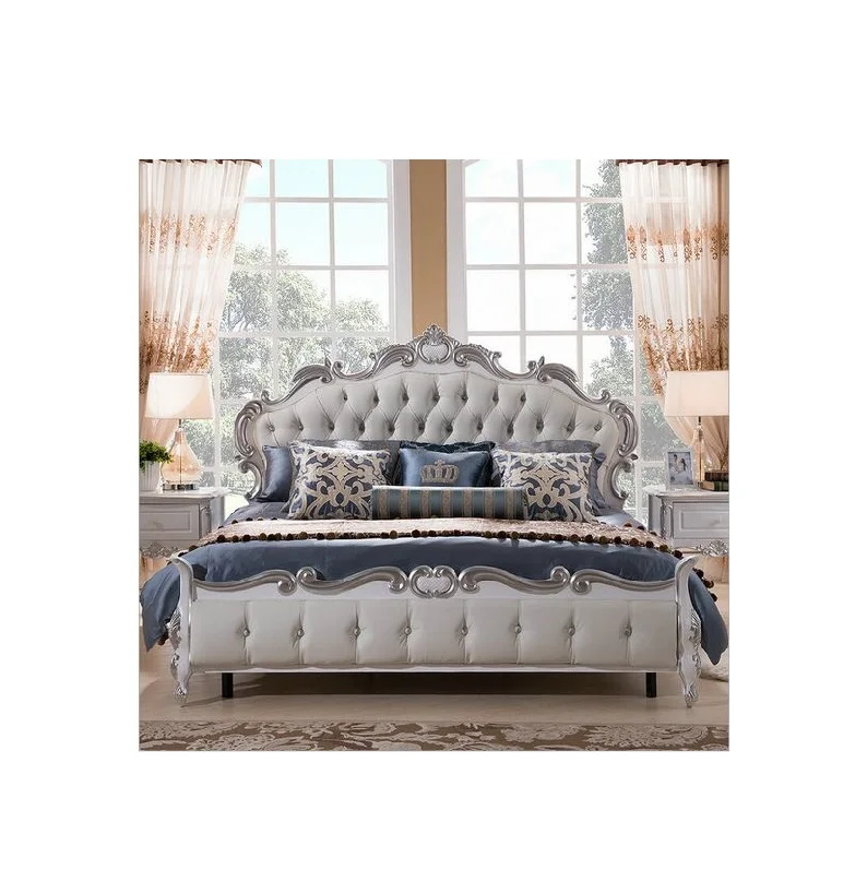 Royal Velvet Upholstered Double Bed Frame King Size  Europe style royal furniture luxury classic carved wooden double bed