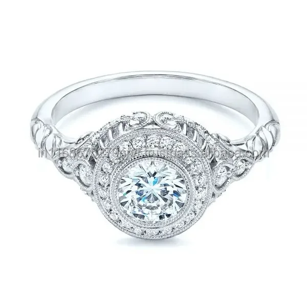 14K Rose Gold Halo Diamond Engagement Ring Art Deco Round Cut Colorless Moissanite Latest Unique Design Ring