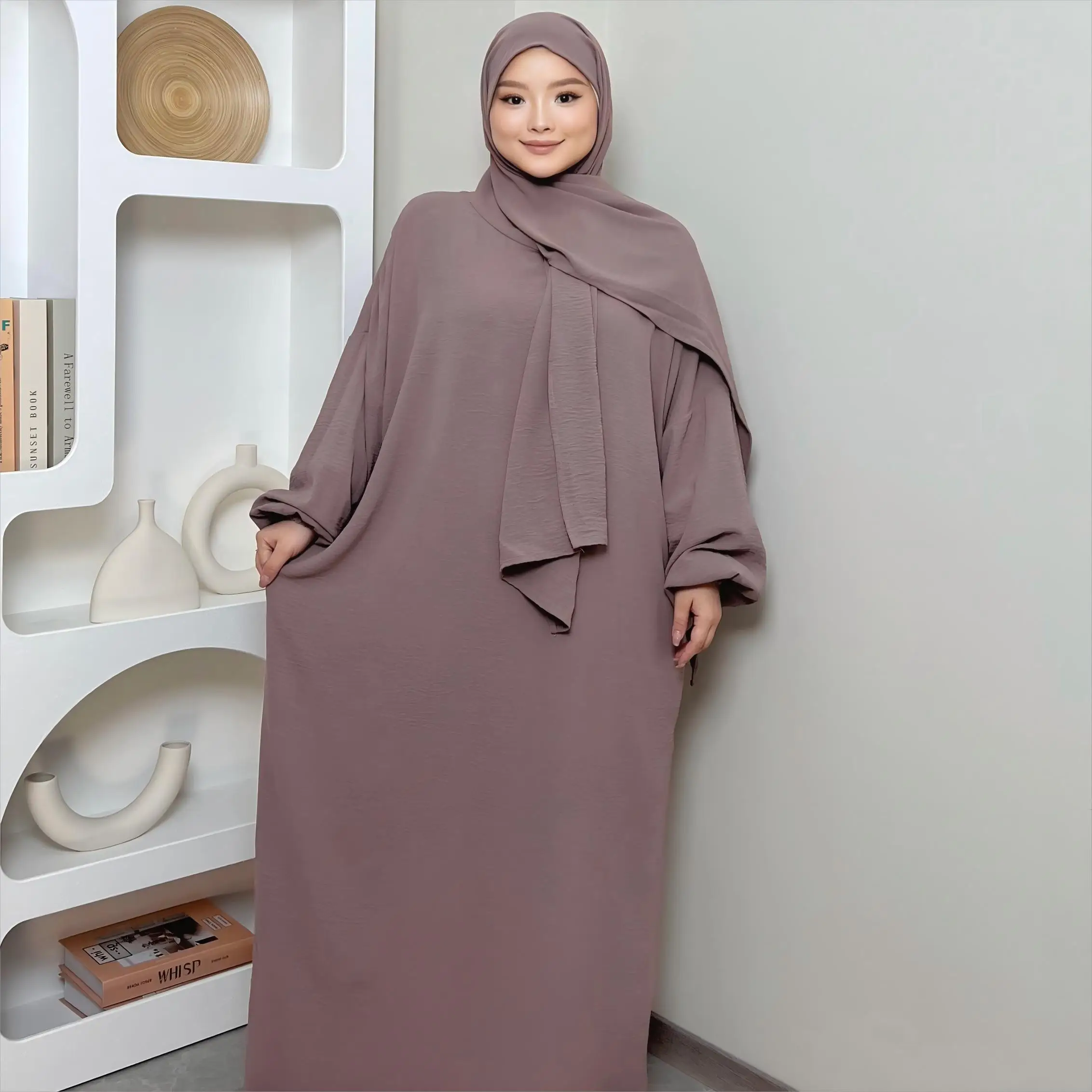 LM013 IRONFREE Crepe Hooded Abaya Hijab Attached With Scarf And Pockets Muslim Jilbab Cute Modesty Dress  women abaya hijab