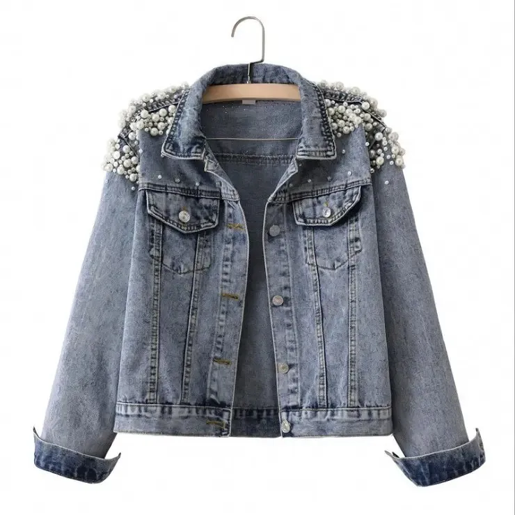 2024 Hot Sale Ladies Denim Jacket Beaded Pearl Loose Thin Autumn and Winter Short Denim jeans Jacket for Women MS-JS-0022