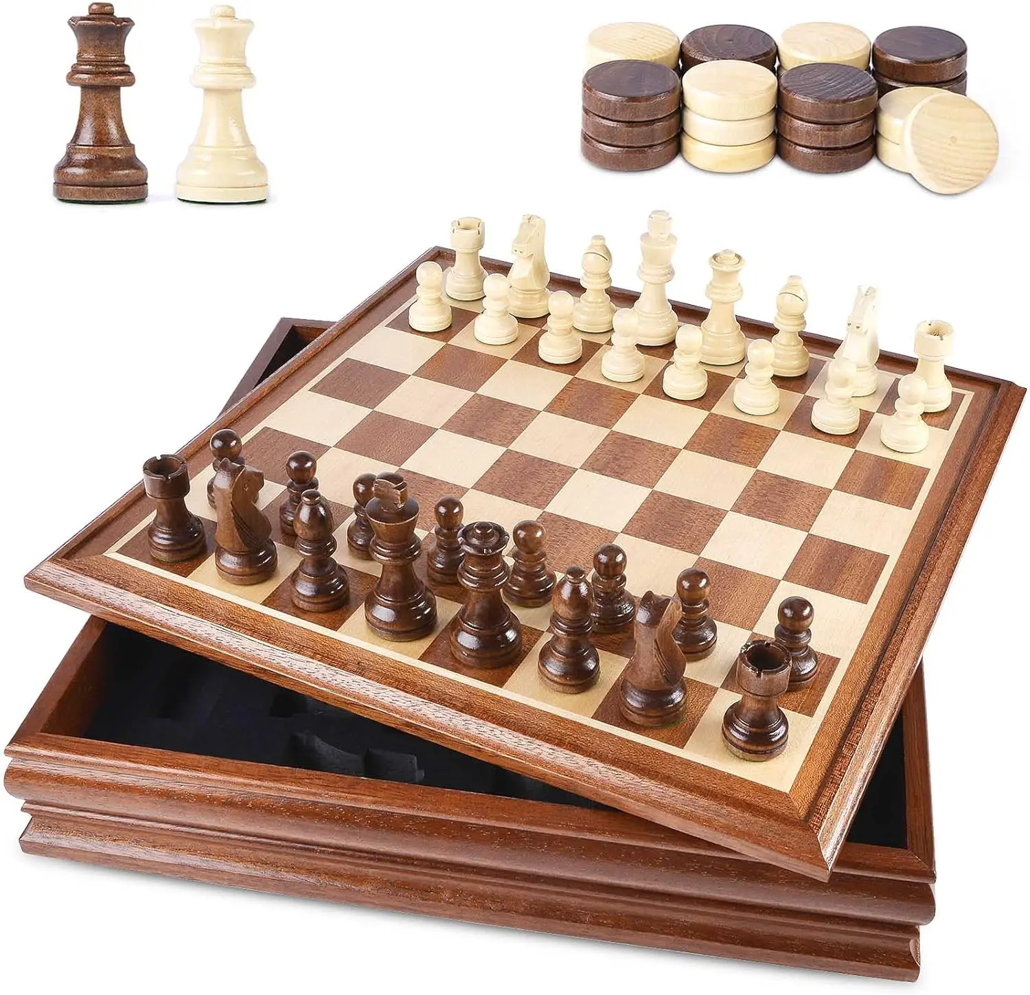 Chess and Checkers Board Game Sets for Adults Wooden Deluxe 15 inch Wood Board Box with Storage Classic 2 in 1with Chess Pieces
