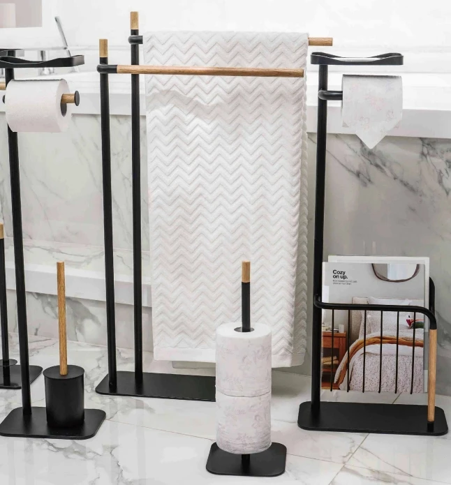 Wood Accent SEC magazine rack free standing toilet paper holder black bathroom accessories