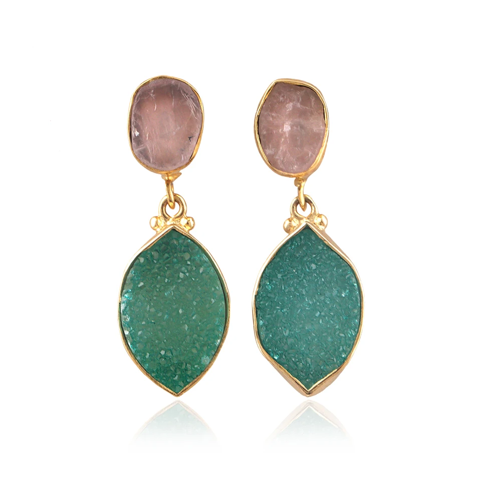 Custom two stone earrings real raw rose quartz with resign sugar druzy stud drops 18k gold plated women jewelry studded earrings