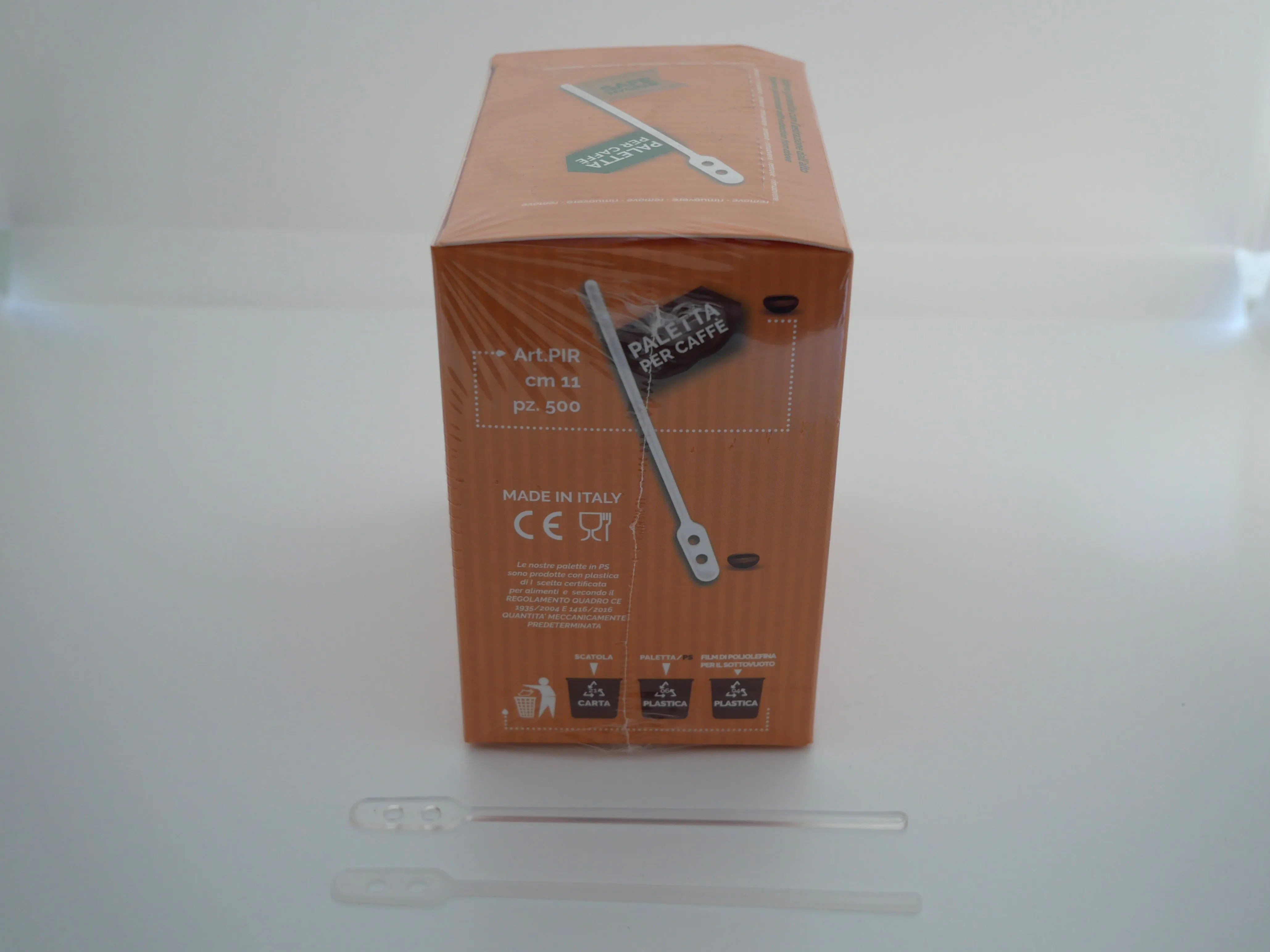Bio premium quality italian coffee stirrers iconic shape recyclable plastic in hygienic box for hot cold drinks tea mm 110