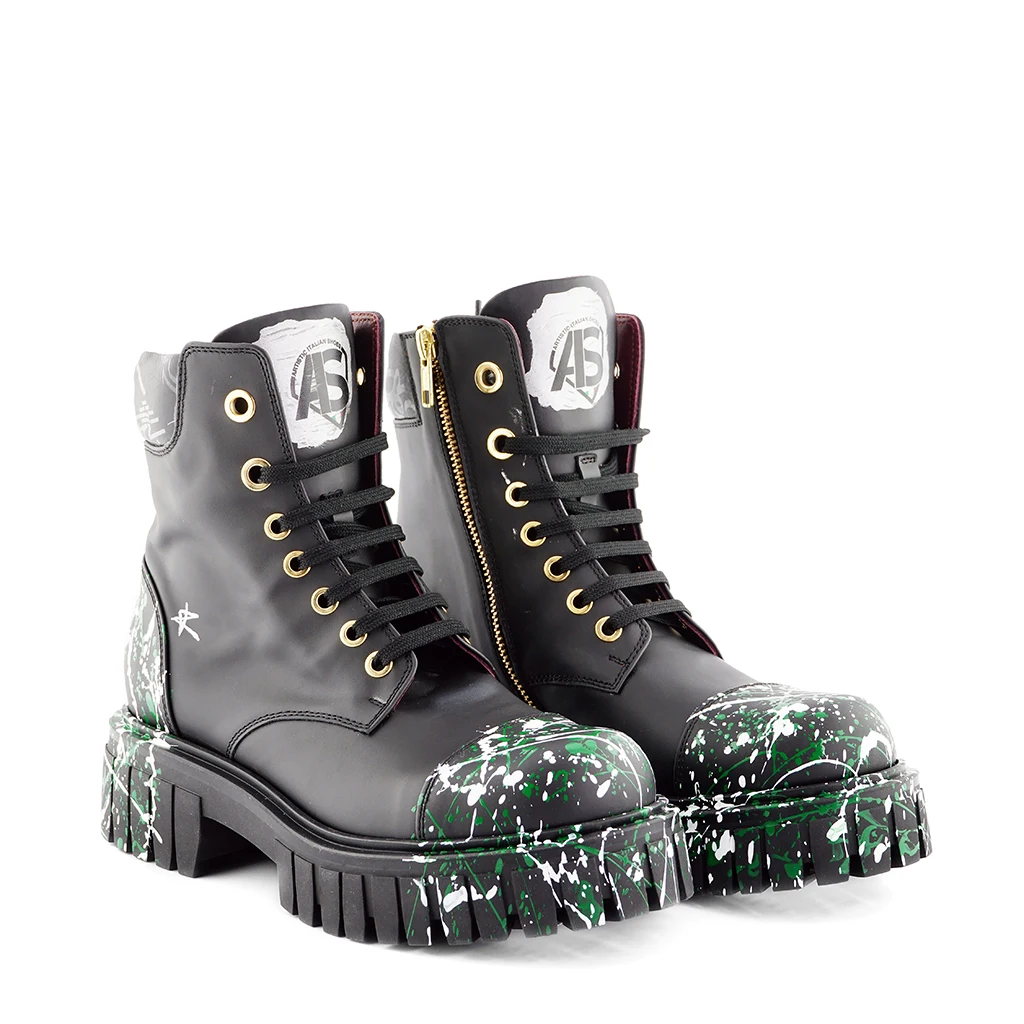 HIGH QUALITY YOUNG HANDMADE BLACK LEATHER ANKLE BOOT GREEN DETAILS WALKING MAN BOOT MADE IN ITALY