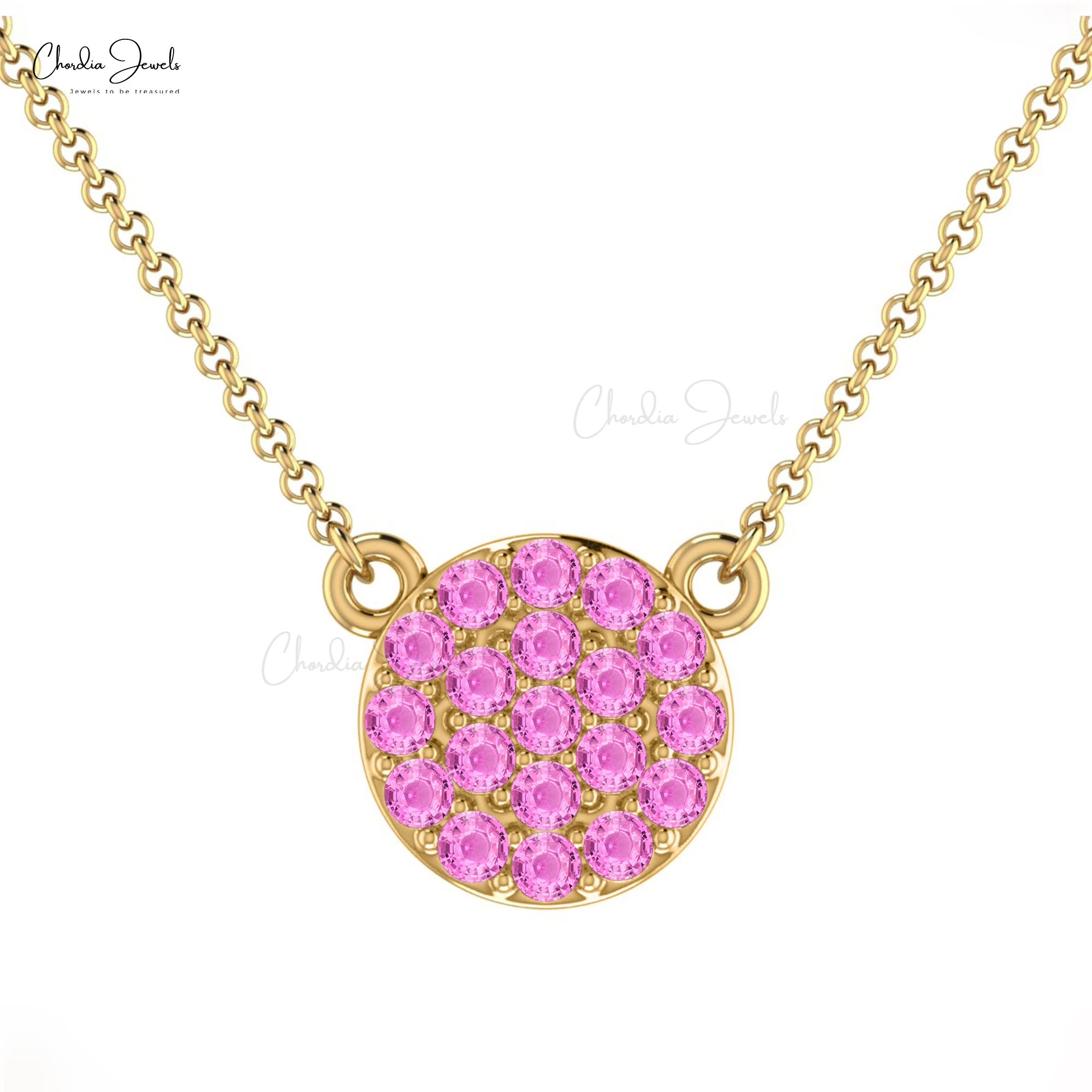 Unique Circle Cluster Necklace Solid 14k Gold Pink Sapphire Gemstone Charm Necklace Exclusive Wholesale Deals By Indian Exporter