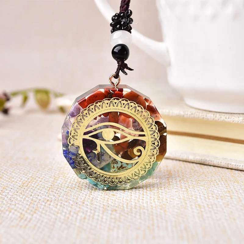 Wholesale Natural Wicca 7 Chakra Stone Bonded Meditation Energy Gemstone Resin Pendant Jewelry For Men Women Charm Necklace