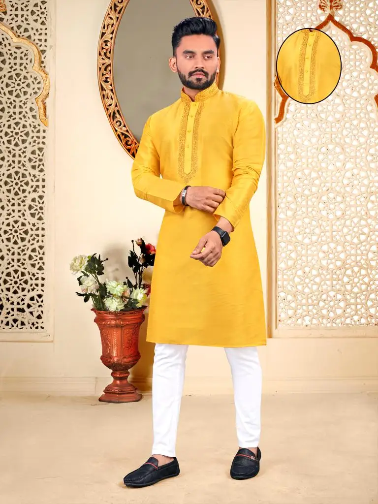 Designer Latest Kurta Round Neck Collar Embroidery work Mens Kurta Pajama Set Wholesale Cheap Rate Surat