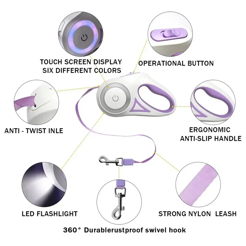 5M Retractable Dog Leash Automatic LED Light Luminous Roulette Leash Rope For Dogs Adjustable Pets Dog Walk Running Leads