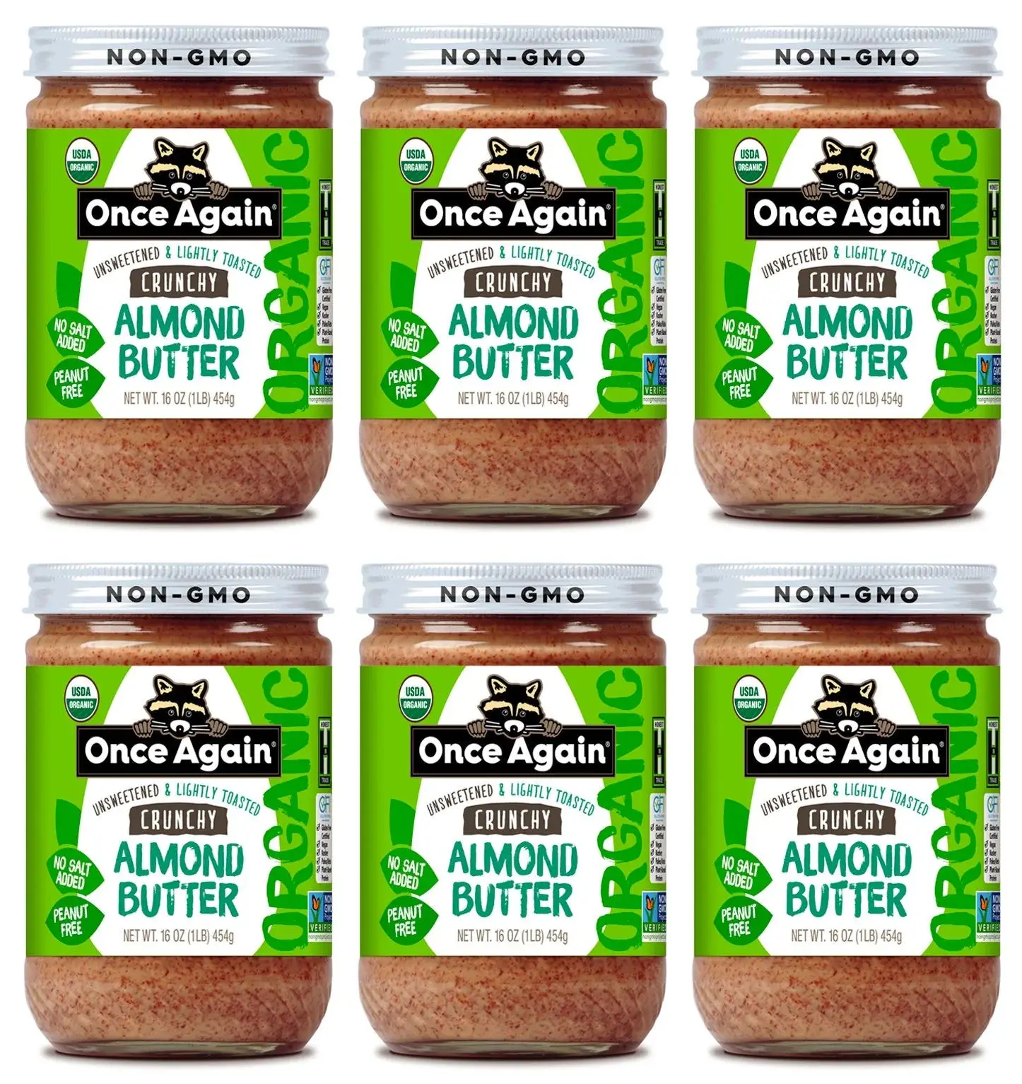 Premium Quality 16oz Jar Case of 6 Organic Crunchy Almond Butter Lightly Toasted Salt-Free Unsweetened Bulk Packed