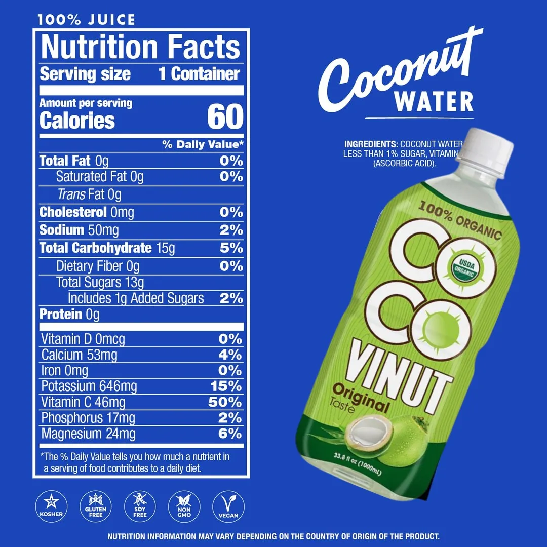 100% Pure Coconut Water w Watermelon | 1000ml (Pack of 24) VINUT, Plant Based, Non-GMO, No Added Sugar, Essential Electrolytes