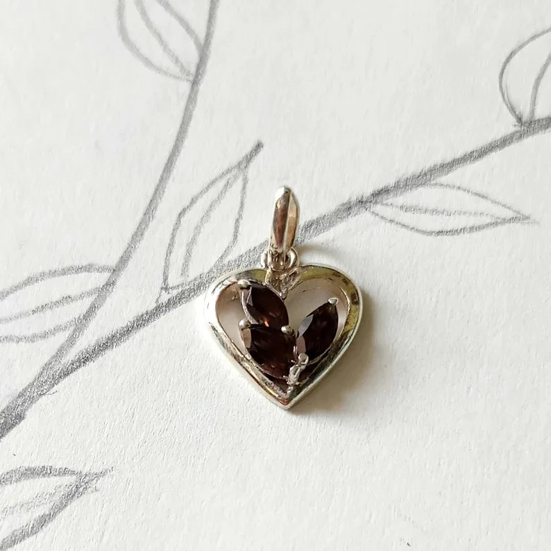 925 Sterling Silver Jewelry Smoky Quartz Trendy Heart Pendant Women Small Natural Gemstone Rhodium Silver Featuring Gold Pearl