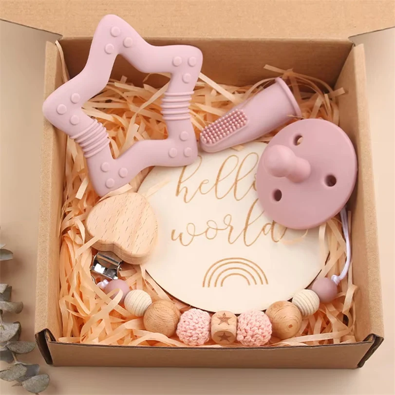 5pcs/set Baby Silicone Teething Toy Food Grade Silicone Baby Pacifier Chain Clip Silicone Teether Newborn Baby Gift Set
