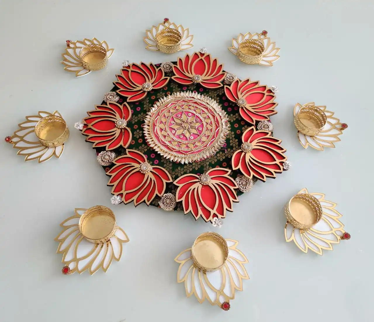 tied ribbons antique brass crystal rangoli light lamp oil lamp for pooja room mandir home decoration items living room temple