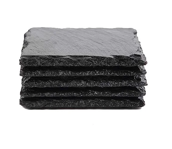 Wholesale Black Non-Slip  Drink Slate Stone Bulk Coasters 4 Pcs Set With Metal Stand Blank Kitchen Accessories