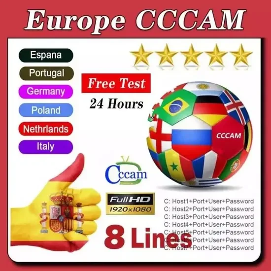 Free Test Stable cccam europe 8 lines Poland Portugal Servidor Spain Germany Cccam Vip Server 7 6 5 3 Line Satellite TV Receiver