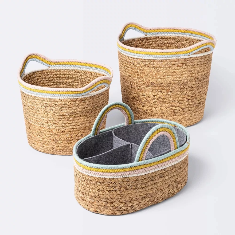 New Style Vietnam Straw Seagrass Woven Baskets Handmade Storage Hamper Rattan Clothing Organizer Wholesale Vintage Style