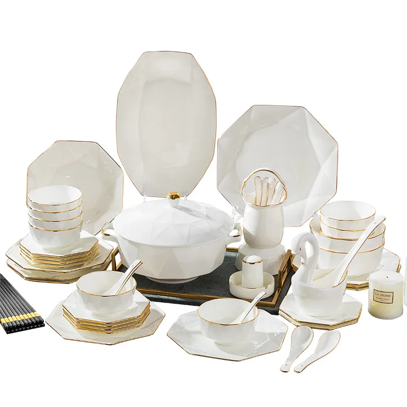 Gold Rim Bone China Porcelain Dinner Plate Dinnerware Sets Wholesale Luxury Ceramic Tableware set home porcelain dinner set