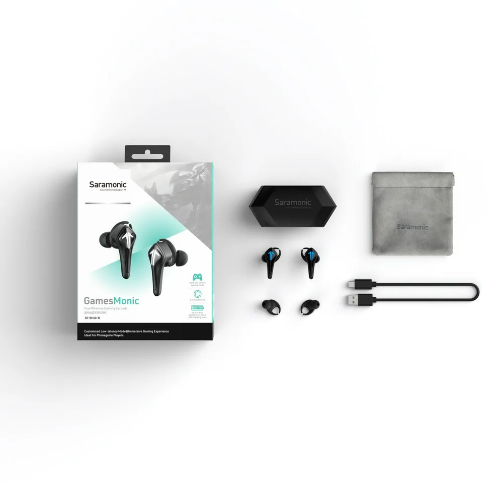 Saramonic SR-BH60-B Gamesamonic In Ear Mobile Gaming Headphones with Microphone, Earbud Retainers & Charging Case