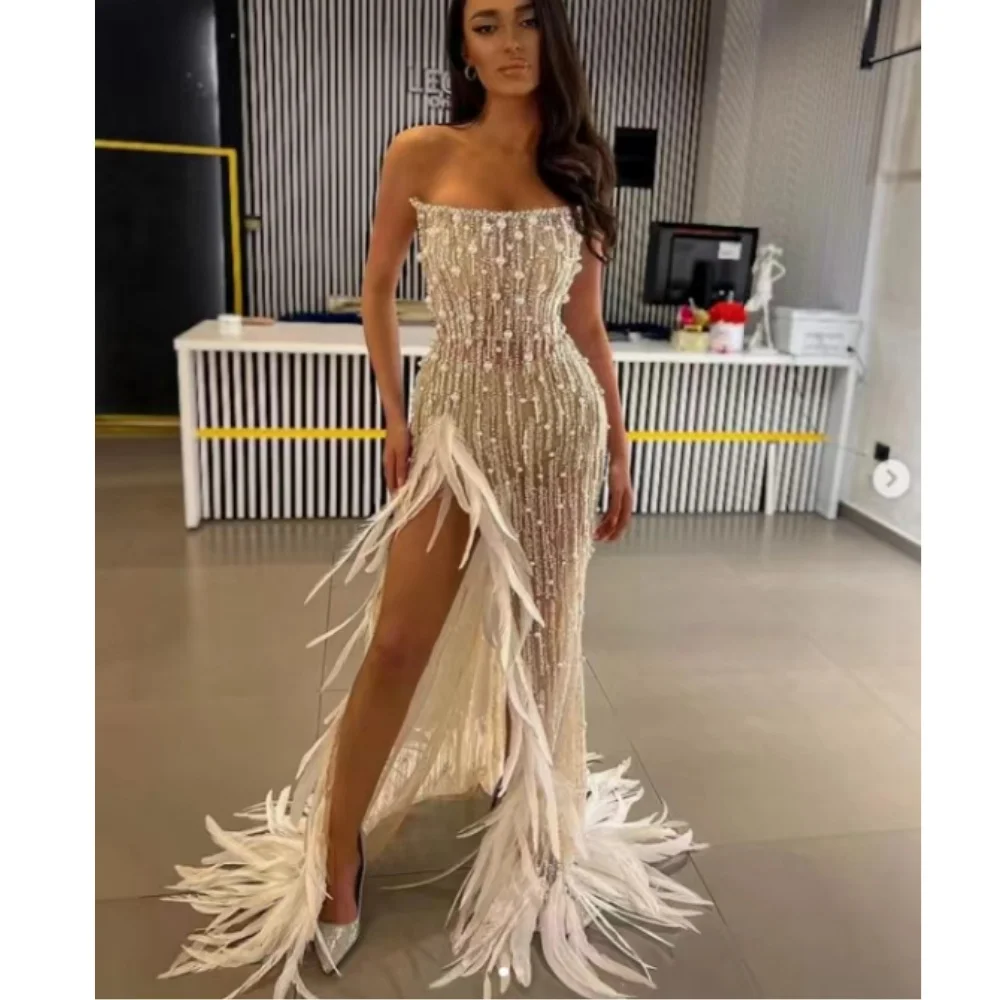 Fashion Beaded Sleeveless V-Shaped Low Cut Slim Maxi Dress 2024 Women Rayon Feather Irregular Long Bodycon Party Dress