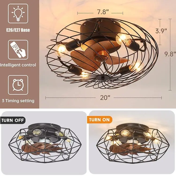 Indoor Low Profile Rustic Fan Light Small Flush Mount Industrial Black Iron Reversible Caged Flush Mount Ceiling Fan with Light