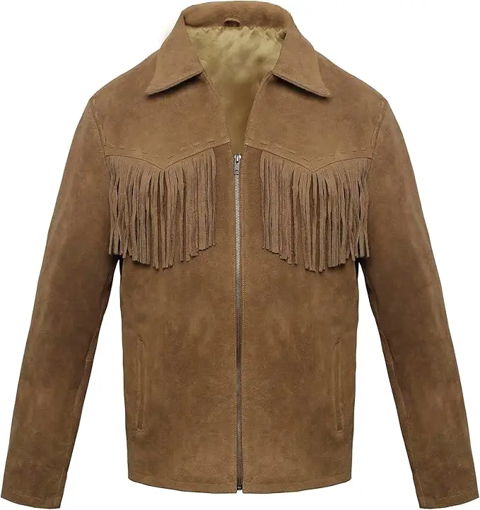 Cowboy Winter Leather Jacket with Fringe Stand Collar Zipper Closure High Street Style Plain Dyed OEM Service Available