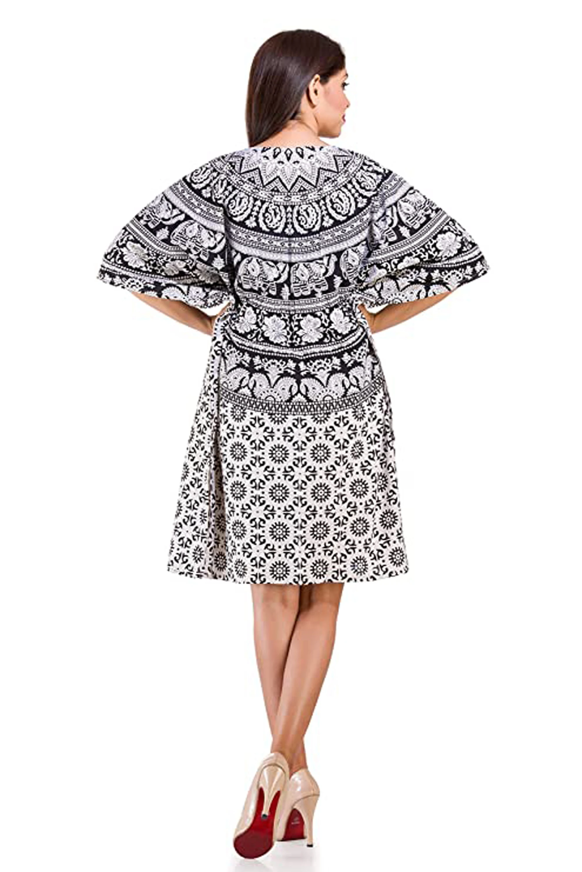 2024 Arrival wholesale price Summer Hand printed floral Short Kaftan For Women Short Sleeve Knee Length Boho Holidays Dress