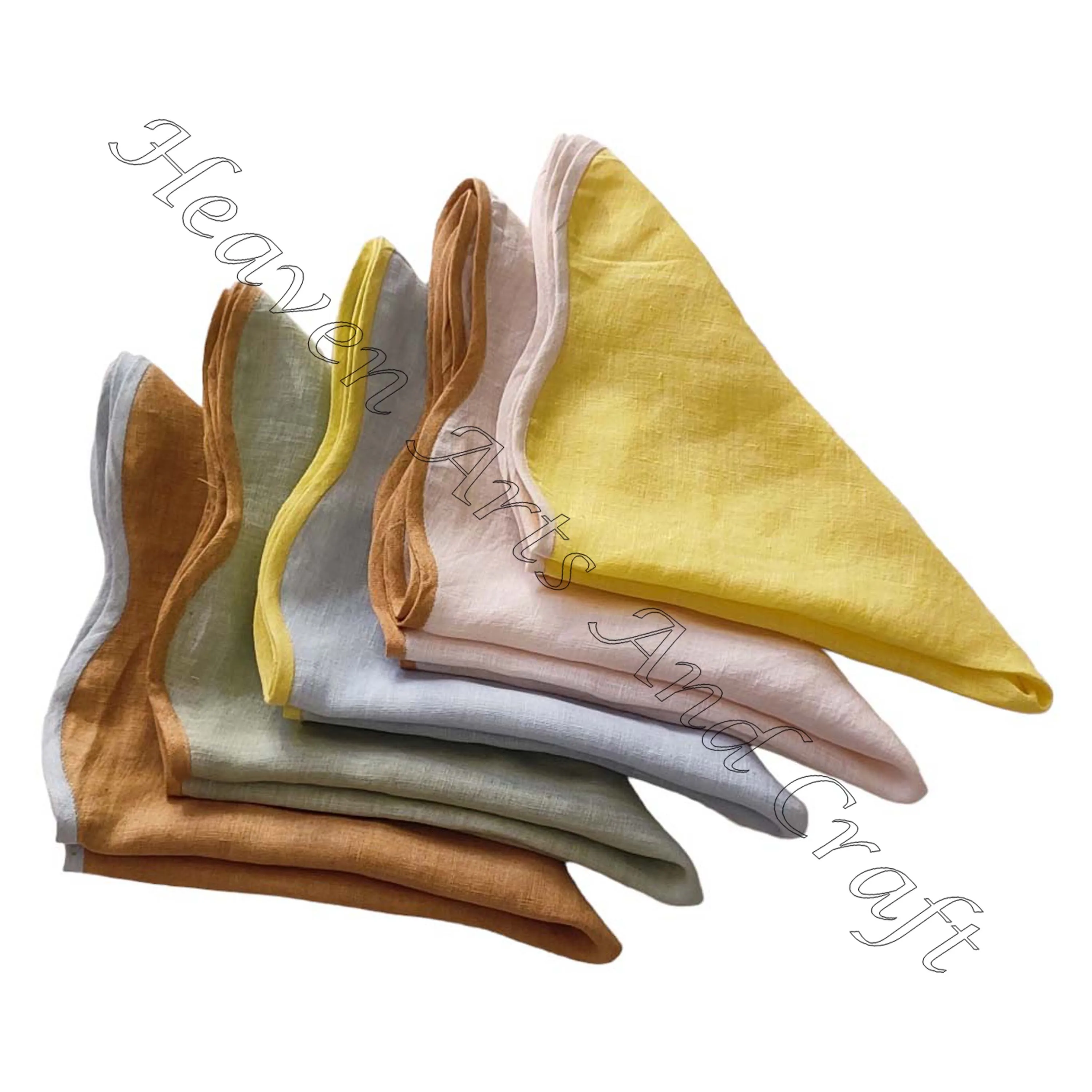 100% Linen Pure Cotton Indian Factory Dinner Hand Block Printed Scallop Napkin Dinnerware Sets  Hotel Restaurant Use Wholesale