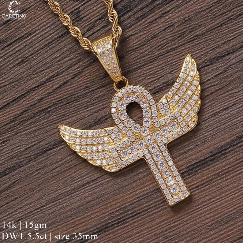14k Yellow Gold Ancient Egyptian Angel Wings Cross Necklace The Symbol of Life Coptic Ankh Pendant with Crystal Rhinestones