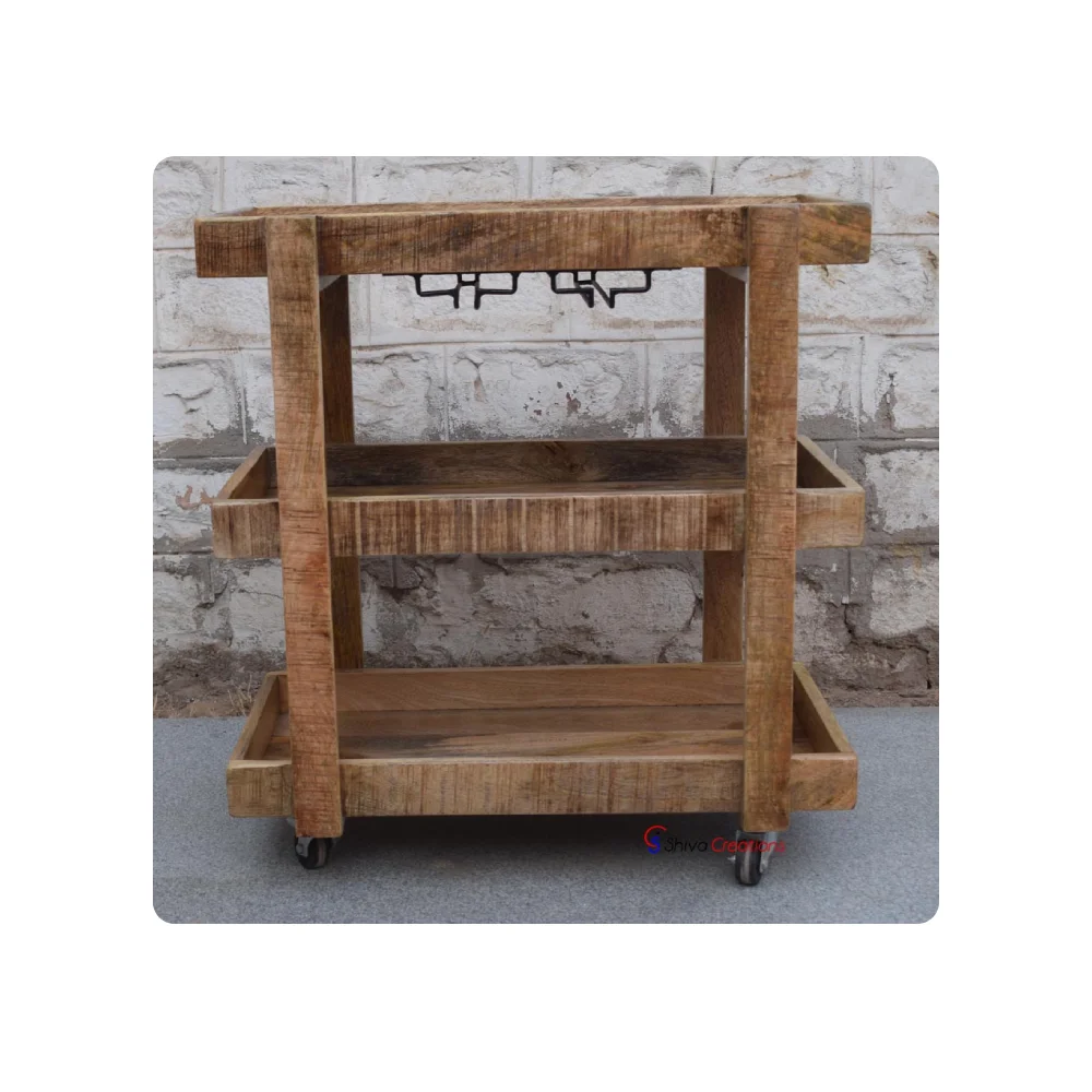 High Quality Modern Wooden Trolley Bar Cabinet With Wheels Mango Wood Furniture Indoor Modern Wood Furniture