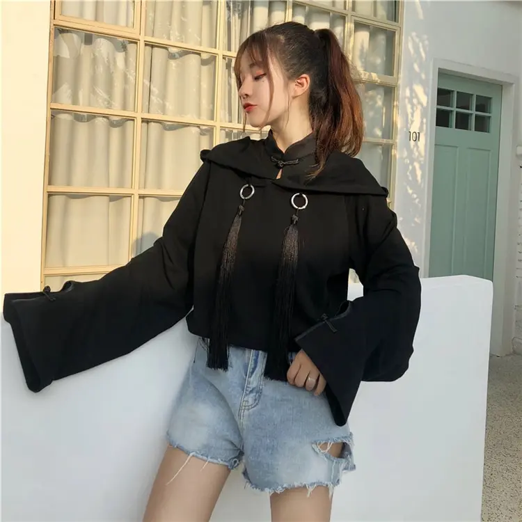 Women Fashion Long Sleeve Black Crop Top Gothic Short Hoodies Sexy Women Pullover Jumper Sweatshirt Girl Gothic Cropped Hoodie